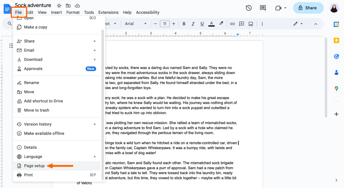 How to change the page setup in Google Docs.