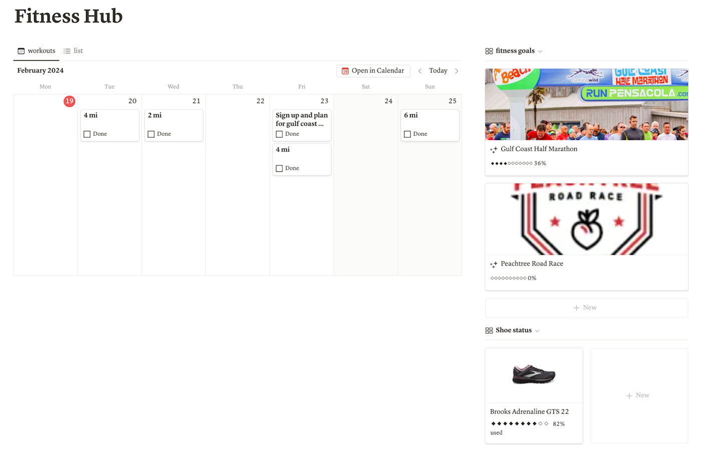Screenshot of a "fitness hub" dashboard in Notion, with a weekly view of upcoming workouts, gallery view of projects in progress, and a running shoe tracker