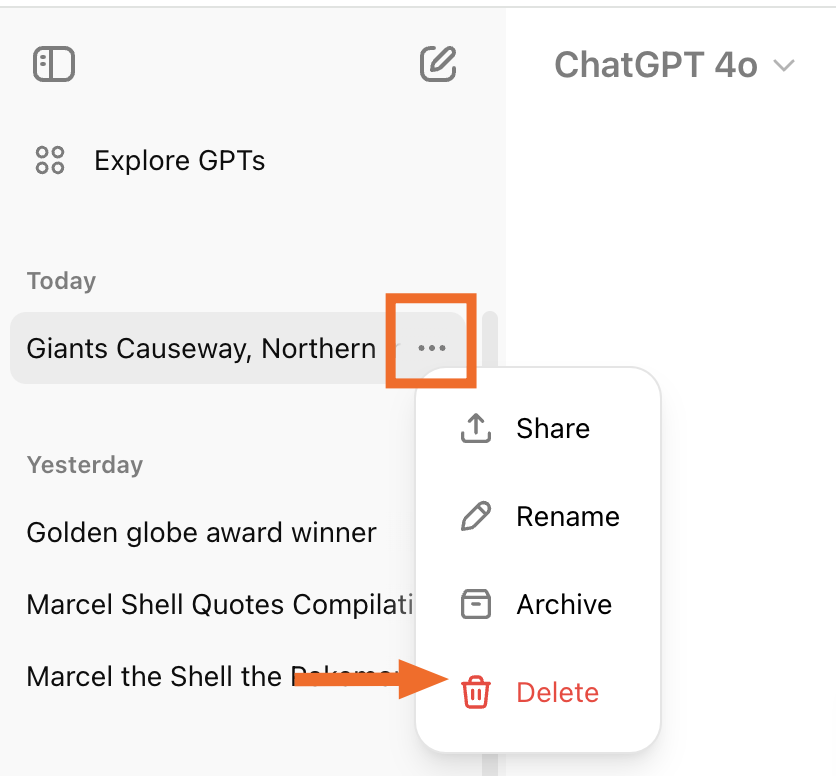 Expanded view of the options menu for a ChatGPT conversation with an arrow pointing to the delete option.