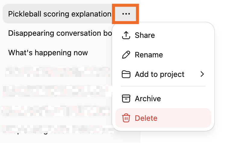 Expanded view of the options menu for a ChatGPT conversation with delete selected. 
