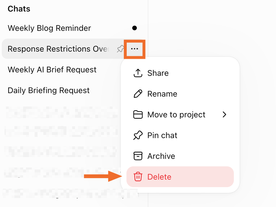 Expanded view of the three-dot menu for a ChatGPT conversation with delete selected.