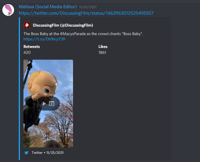 A screenshot of Melissa's post in Discord, with a link to the Boss Baby float from the Macy's Thanksgiving Day Parade