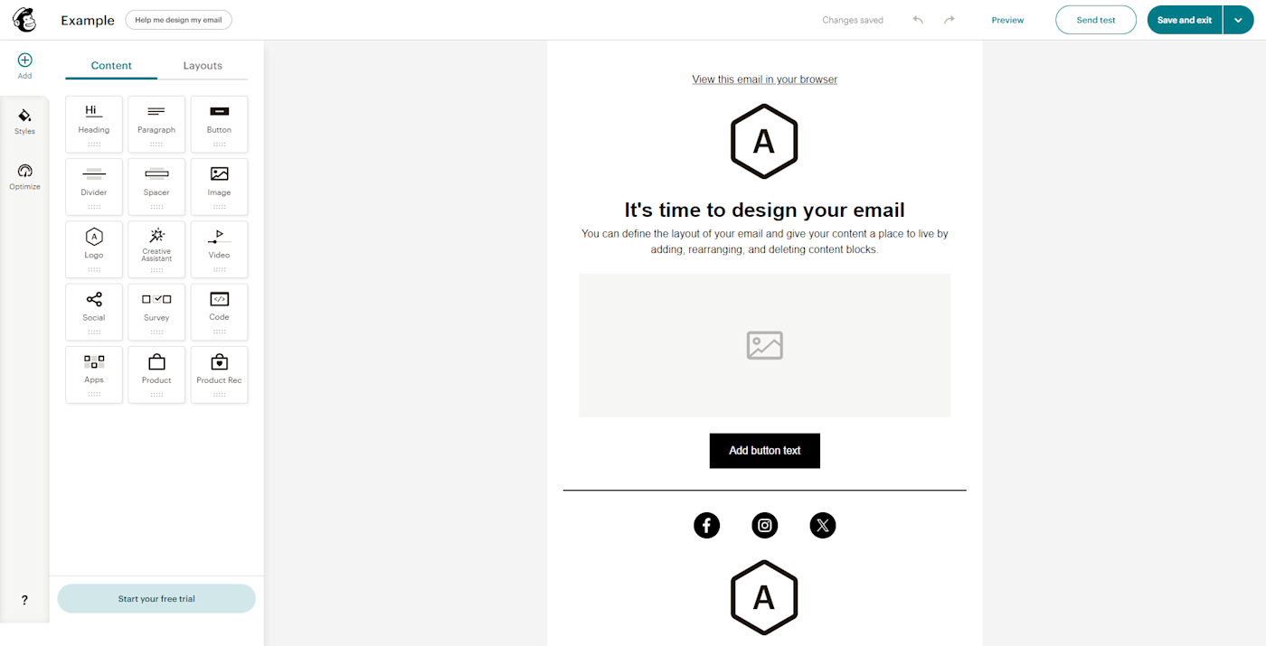 Screenshot depicting content creation for a newsletter on Mailchimp