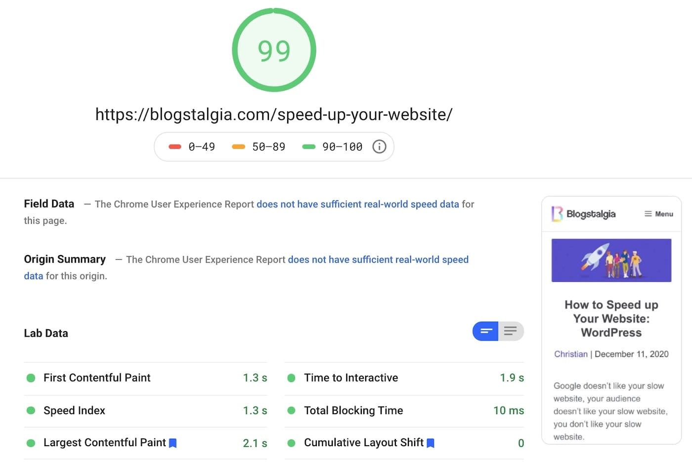 An example of page speed insights