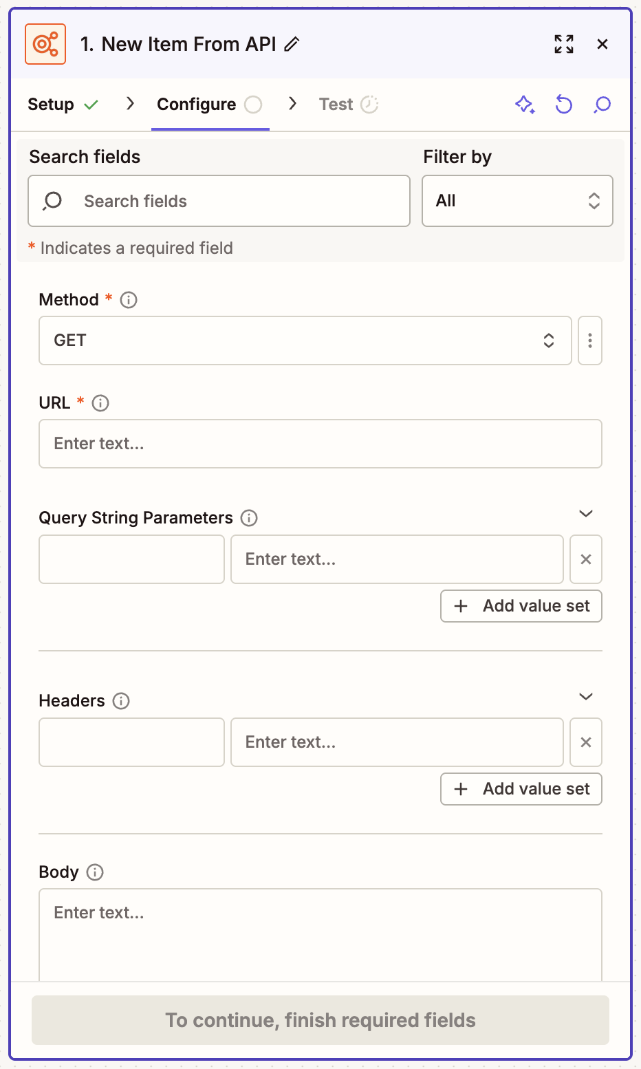 The configuration page for an API by Zapier trigger