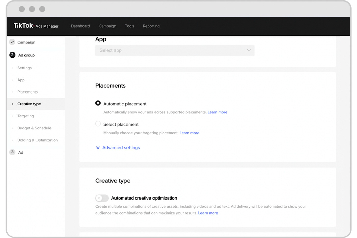 The Automated creative optimization toggle in TikTok