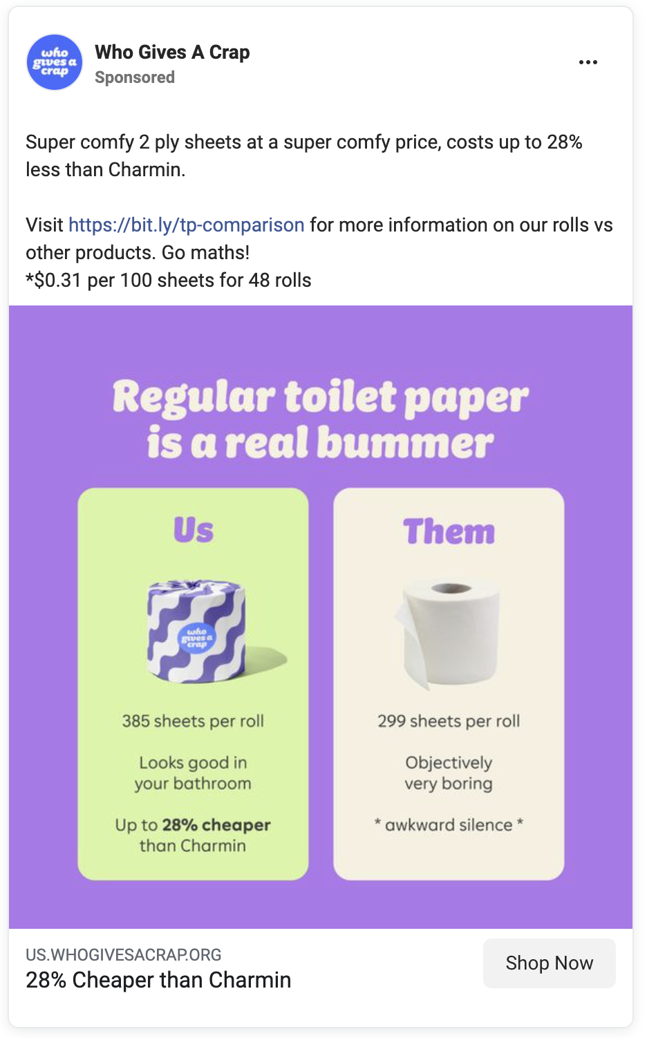 Screenshot of a Who Gives a Crap Facebook ad with a purple background comparing competitor brands to Who Gives a Crap toilet paper