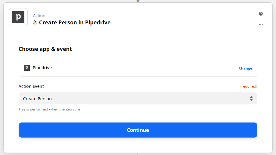 Zap set-up: Create person in Pipedrive