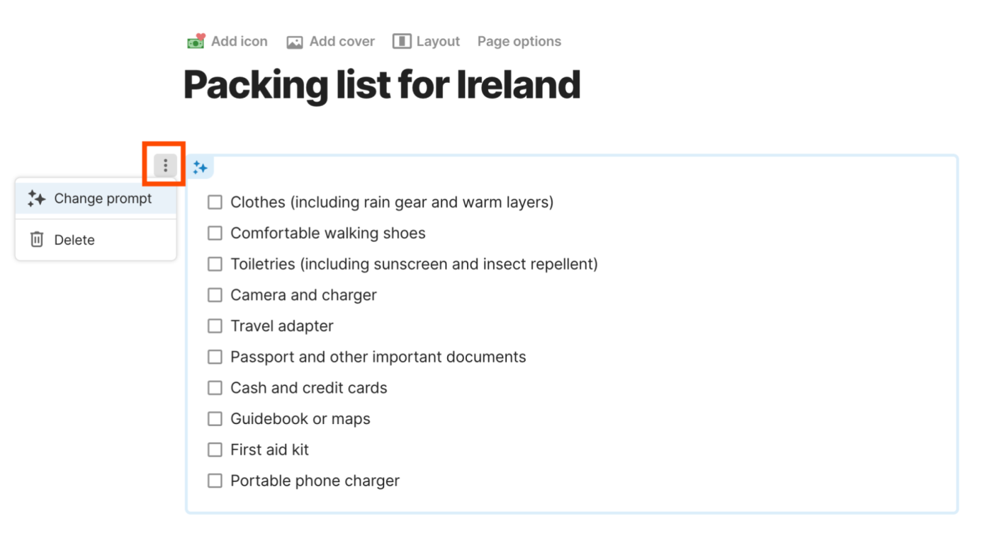 Coda AI-generated packing list for a trip to Ireland in an AI block. The AI block menu is selected with an expanded view of options, including Change prompt and Delete. 