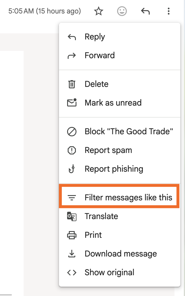 Gmail message options menu with Filter messages like this highlighted