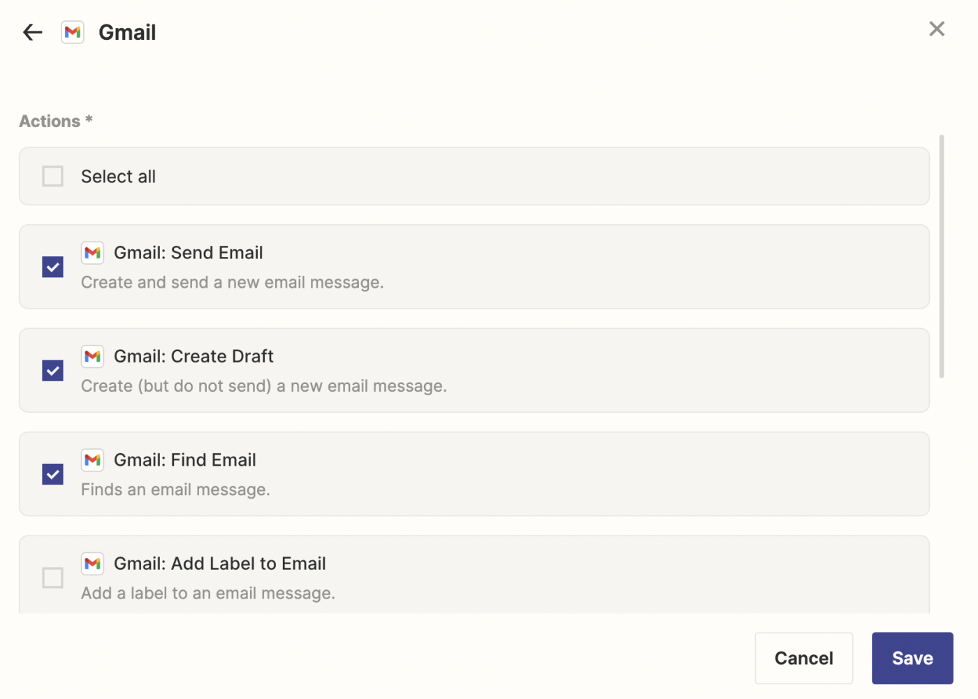 A list of the available actions for Gmail in Zapier Central.