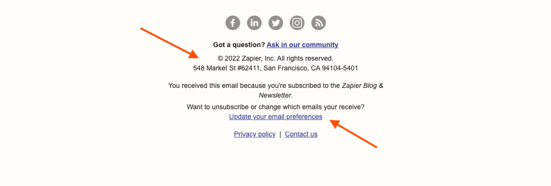 Screenshot of a Zapier email highlighting CAN-SPAM compliance