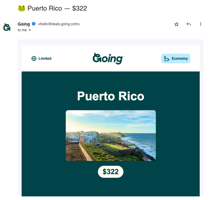 Screenshot of an email from Going advertising a $322 flight deal to Puerto Rico