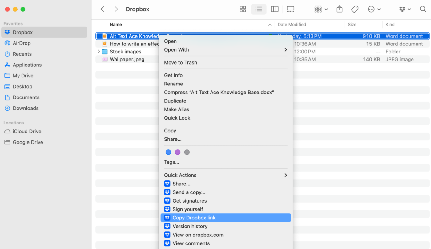 How to copy a file-sharing link in Dropbox from the Finder window.