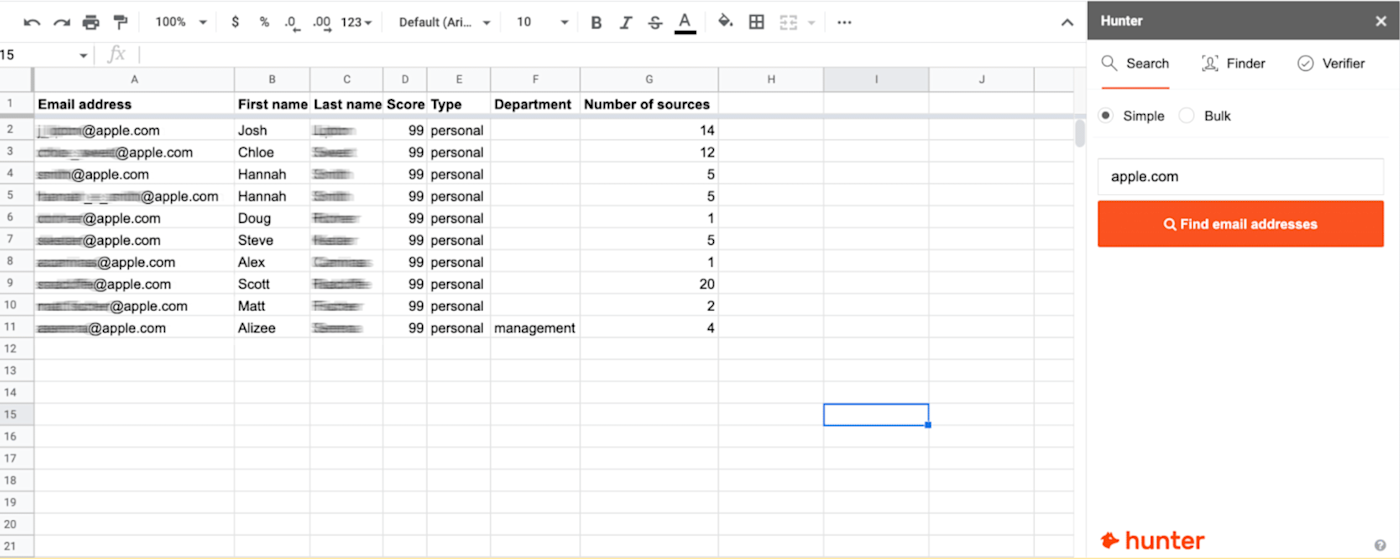 Hunter Google Sheets add-on. 