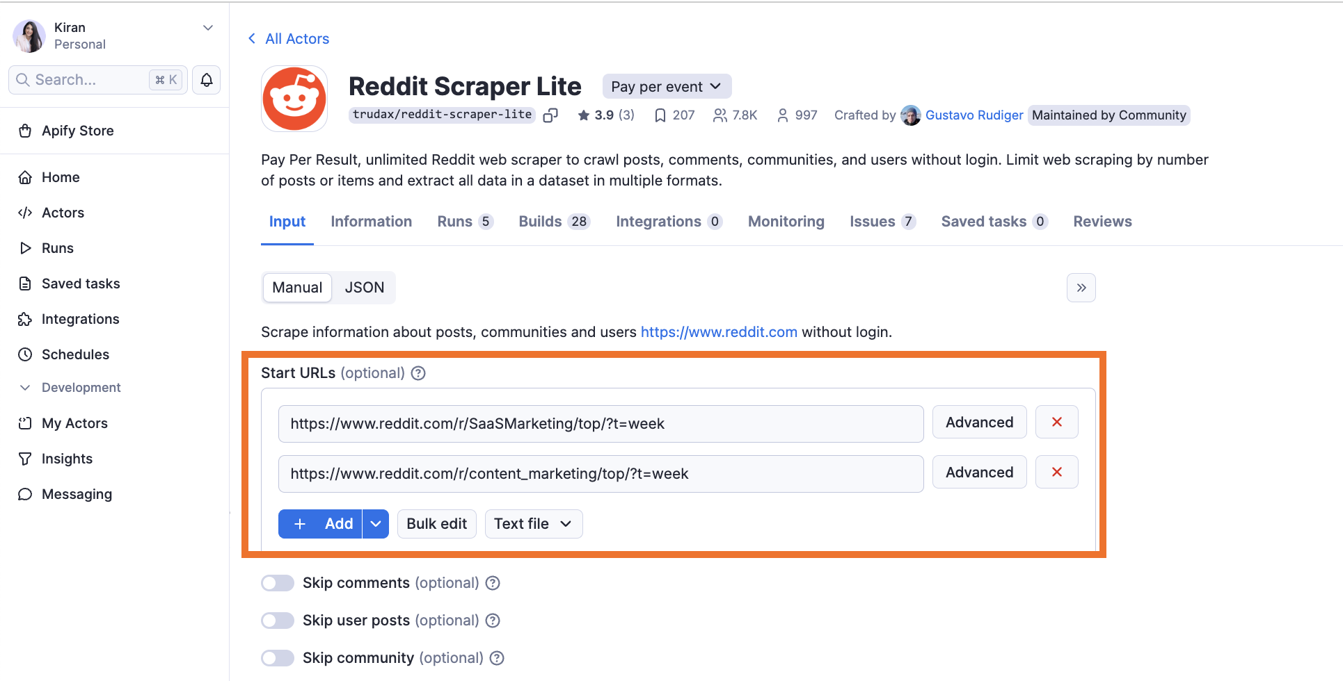 Reddit Scraper Lite setup page showing input fields for start URLs of subreddit links and scraping options below