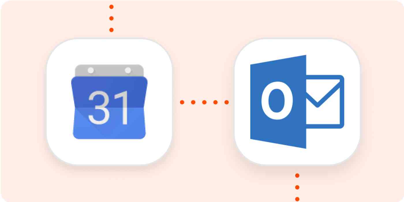 Hero image for a Zapier tutorial with the Google Calendar and Outlook icons connected by dots