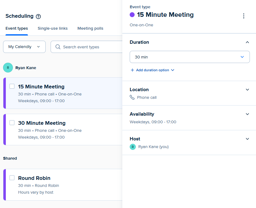 Calendly settings in the sidebar