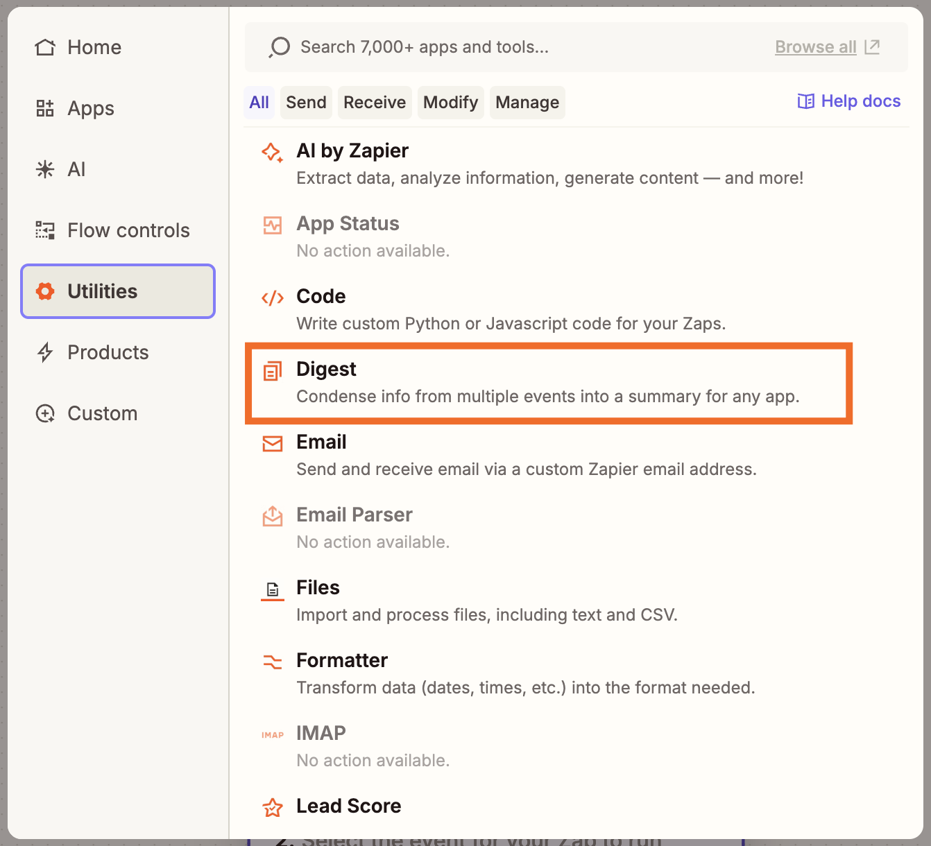 A window showing multiple built-in Zapier tools