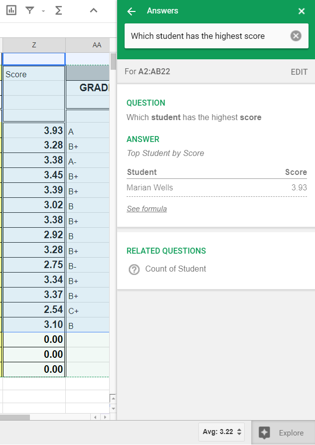 ask a question in Google Sheets Explore