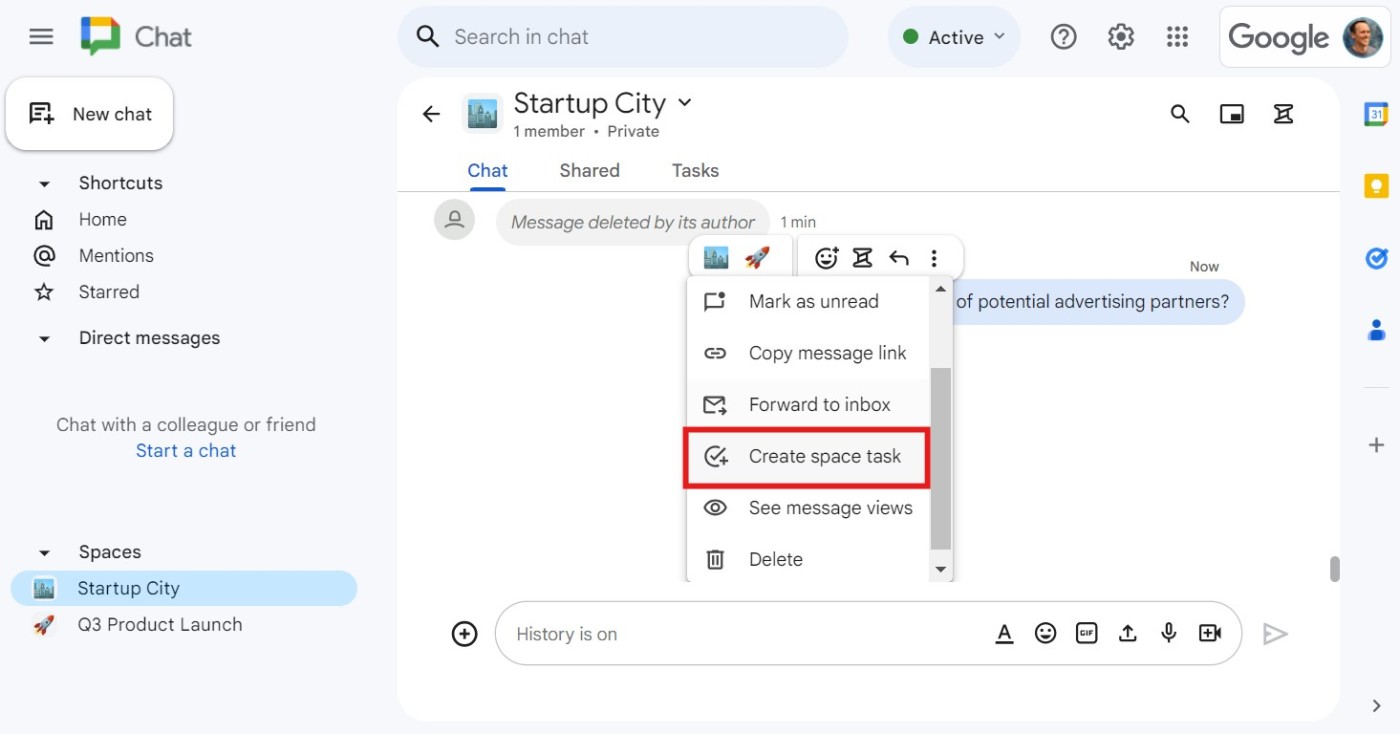 The option to convert a message into a task in Google Chat