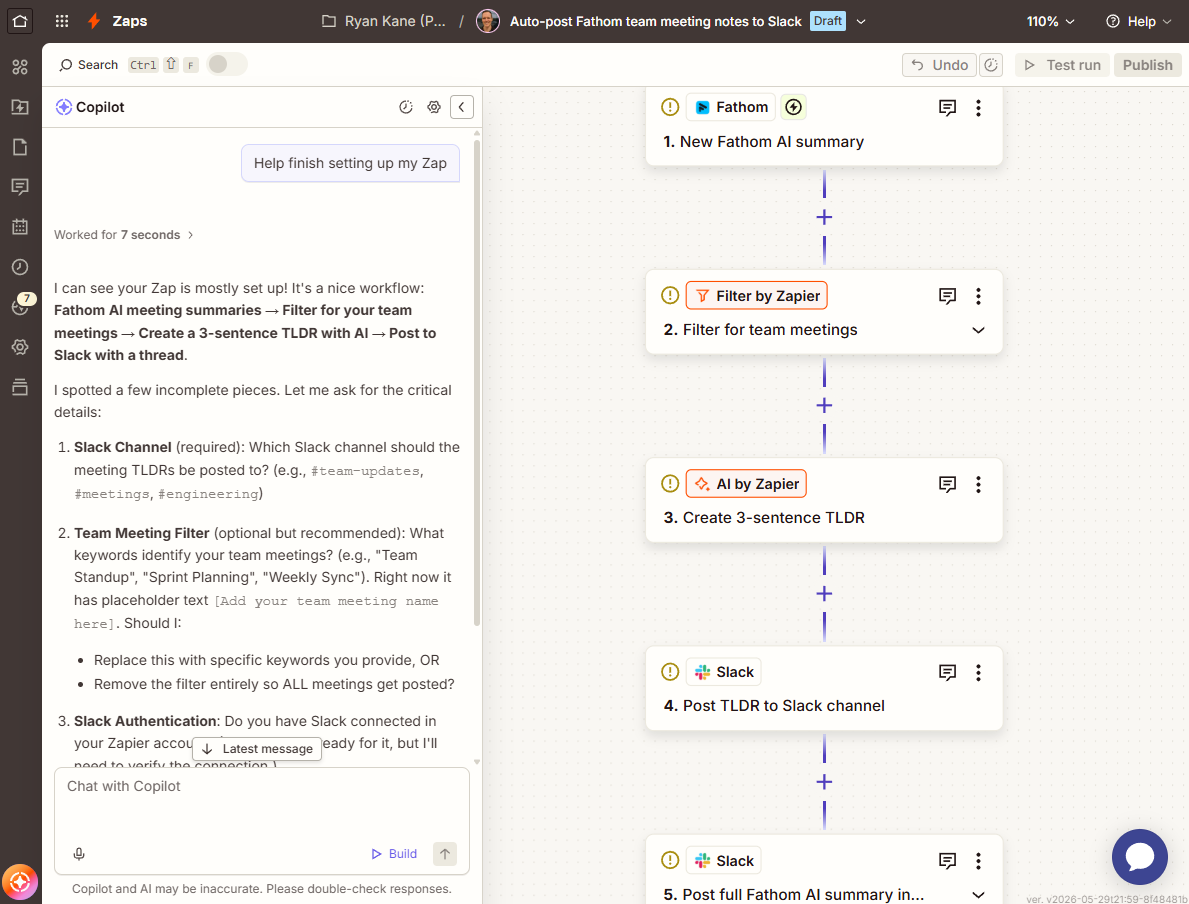 Using Zapier Copilot to build an automation