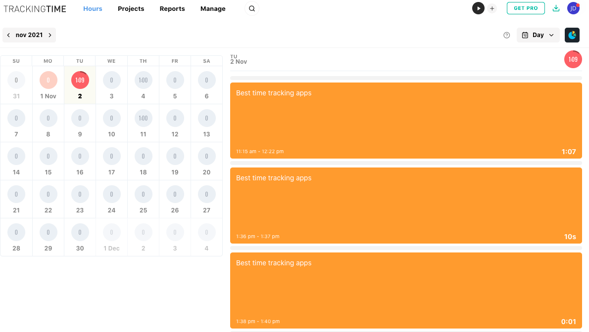 The interface for TrackingTime, our pick for the best time tracking app for visualizing time differently