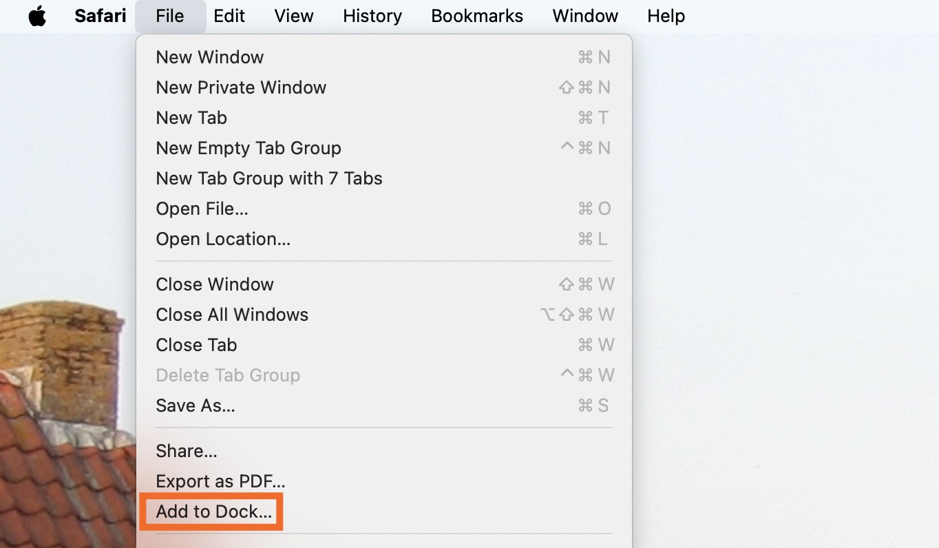 Choosing Add to dock on Safari