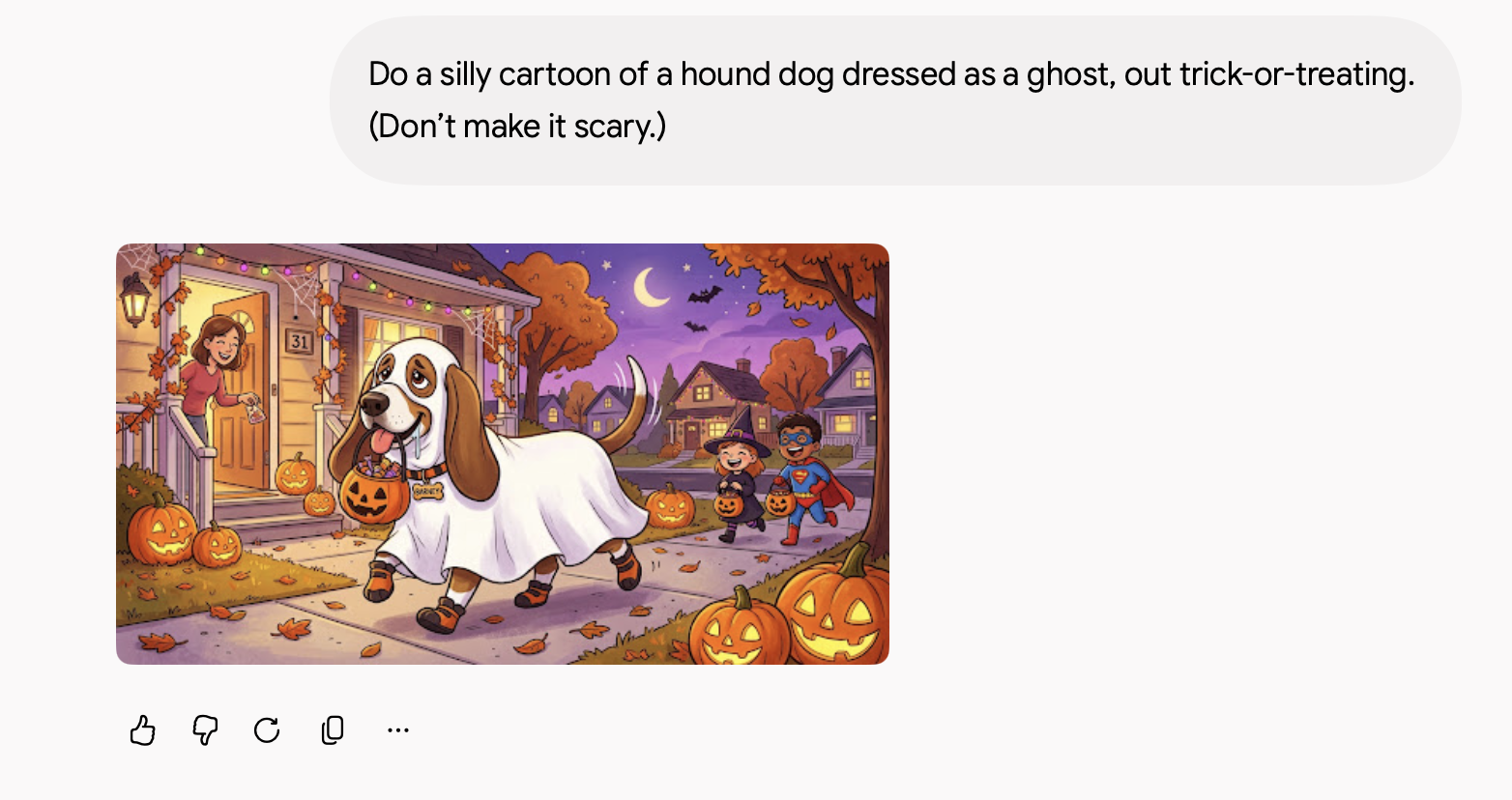 Gemini chat with an AI-generated cartoon image of a dog dressed as a ghost out trick-or-treating.