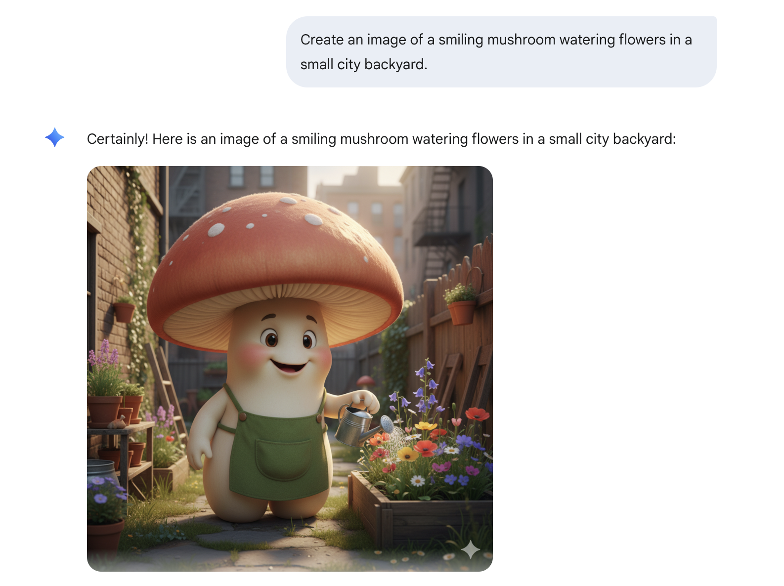 Gemini offers an AI-generated image of a happy mushroom watering flowers in a small city backyard. 