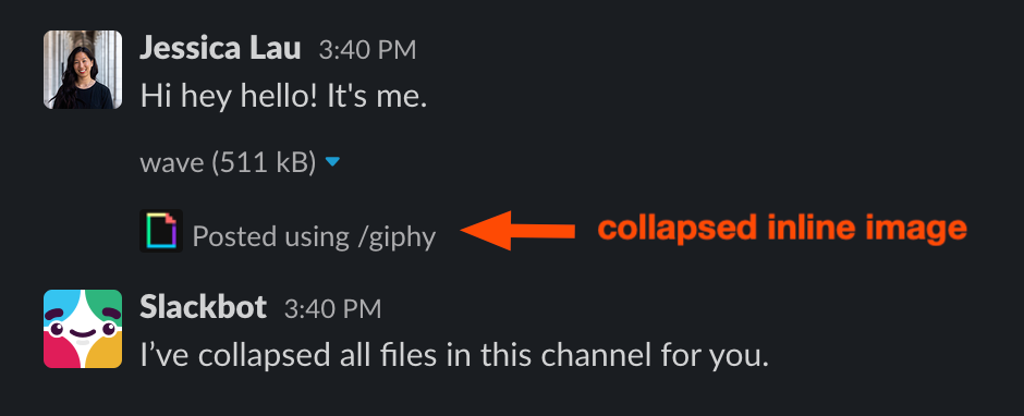 A Slack message from Jessica Lau with an inline GIF that's been collapsed i.e., hidden from view.