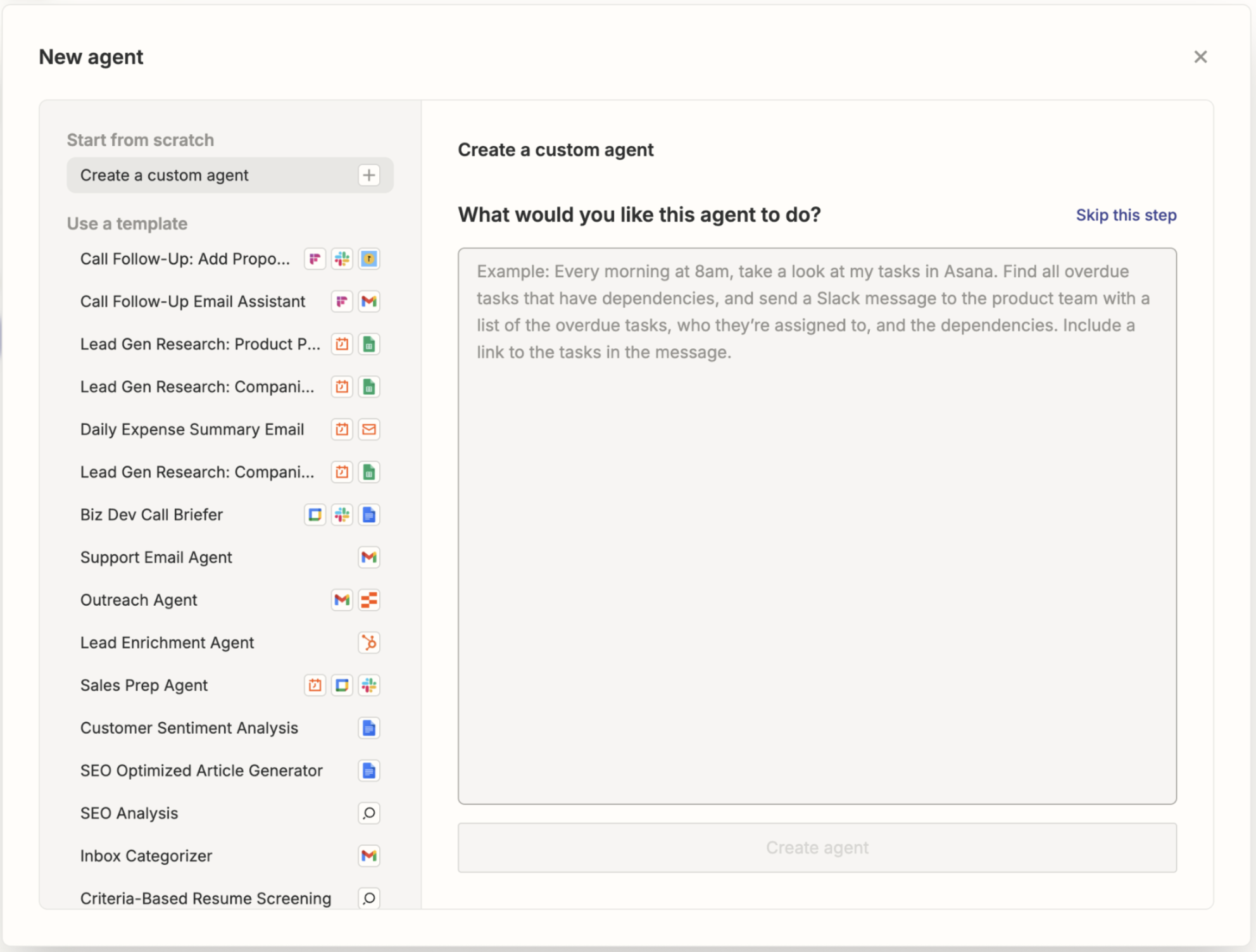 A screen with Zapier Agents templates and a text box to prompt Zapier Copilot to build a Zapier agent
