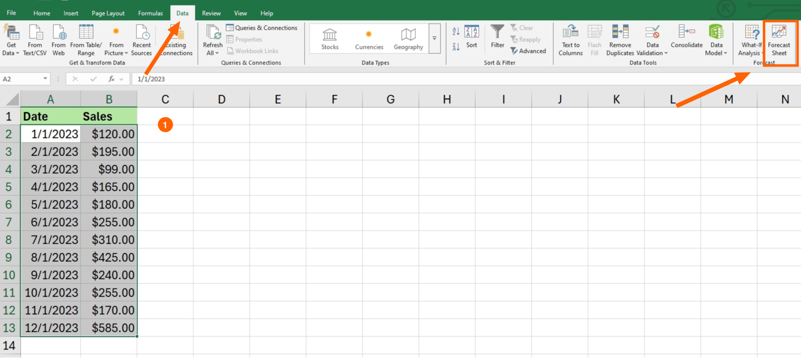 A screenshot shows how to find the Forecast Sheet button on the Data tab in Excel.