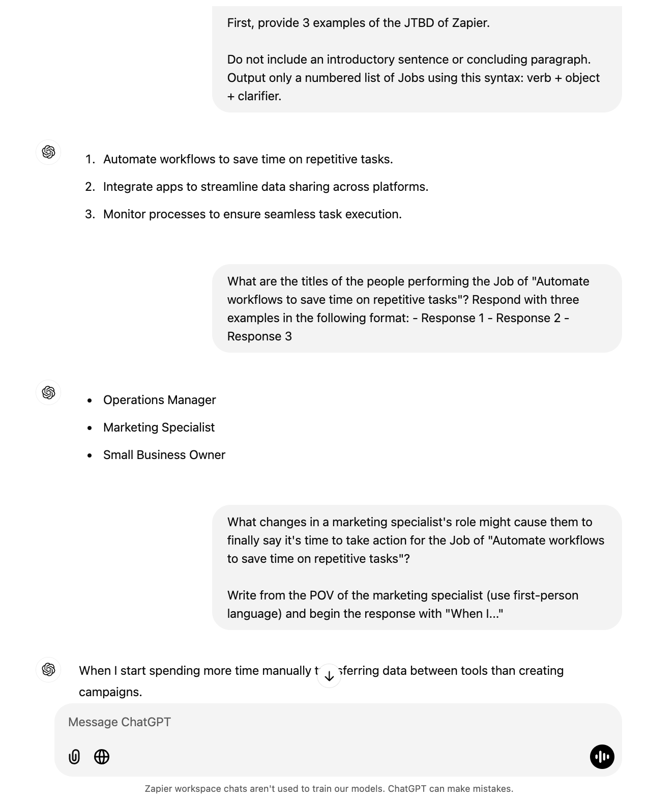 ChatGPT conversation that shows a series of prompts, responses, and follow-up questions.