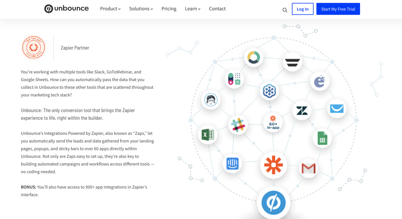 Presenting Zapier on Unbounce product feature page