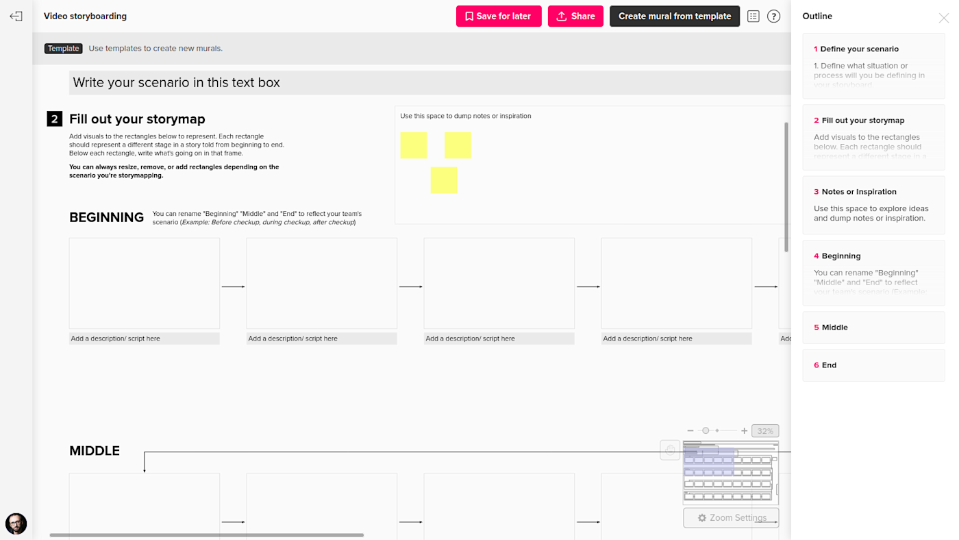 The video storyboard template in MURAL