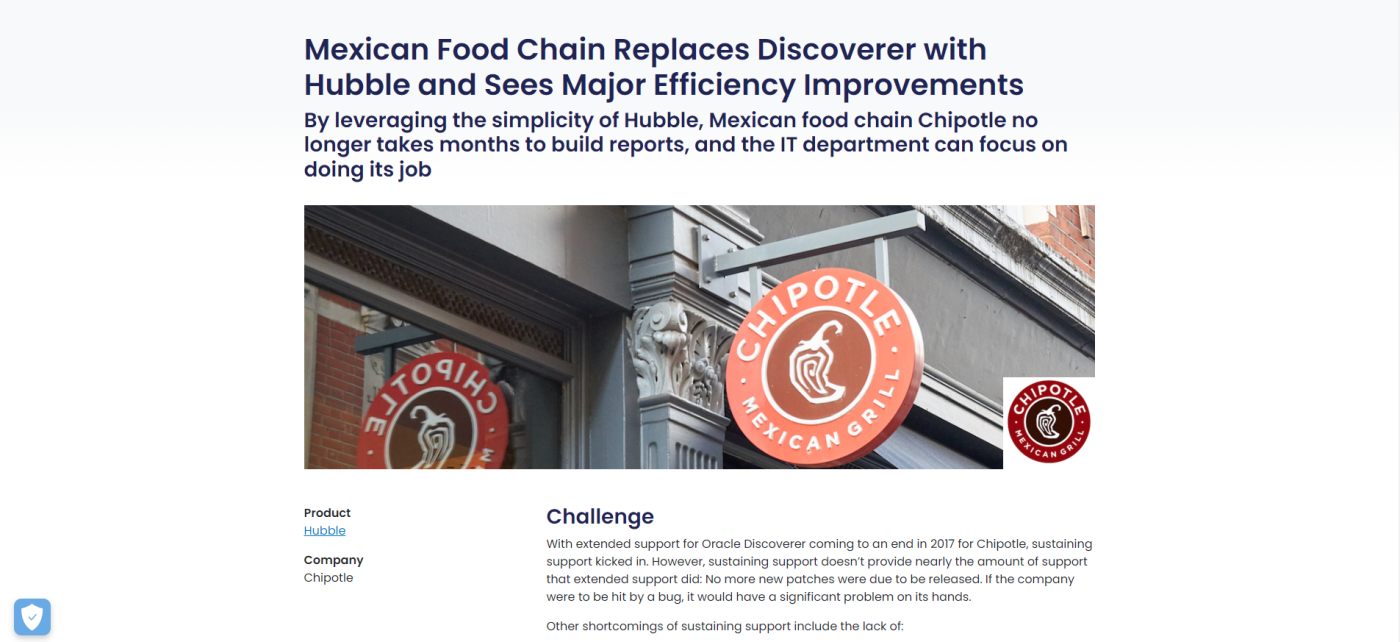 Screenshot of the Chipotle and Hubble case study with the title "Mexican food chain replaces Discoverer with Hubble and sees major efficiency improvements," followed by a photo of the outside of a Chipotle restaurant