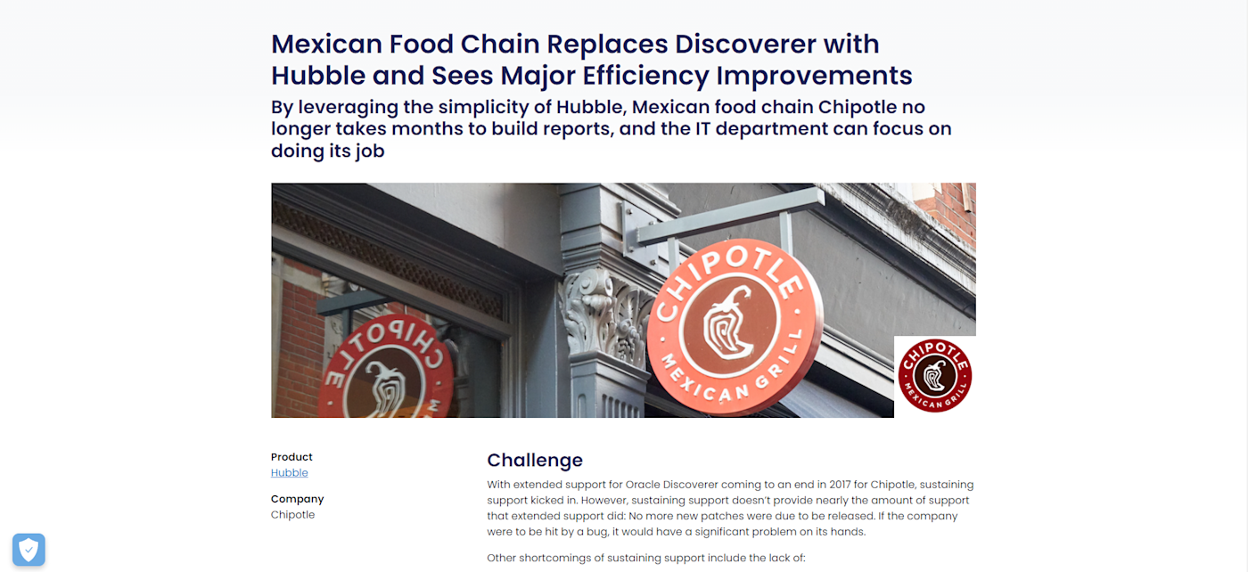 case study company means Screenshot of the Chipotle and Hubble case study with the title "Mexican food chain replaces Discoverer with Hubble and sees major efficiency improvements," followed by a photo of the outside of a Chipotle restaurant