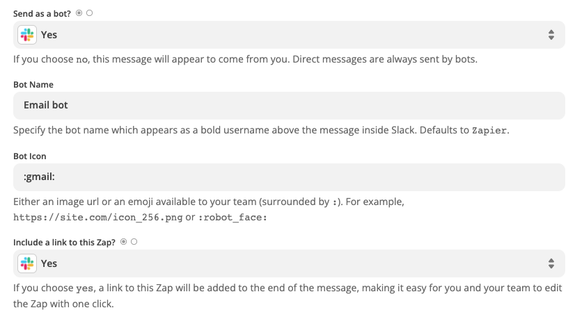 Slack bot options in the Zapier editor