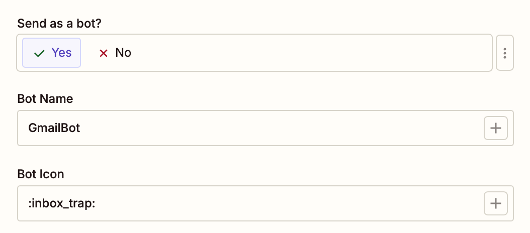 Slack bot options in the Zapier editor