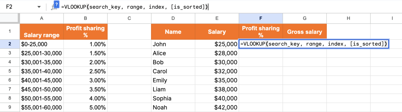 Screenshot of entering the VLOOKUP function in a cell in a Google Sheet.