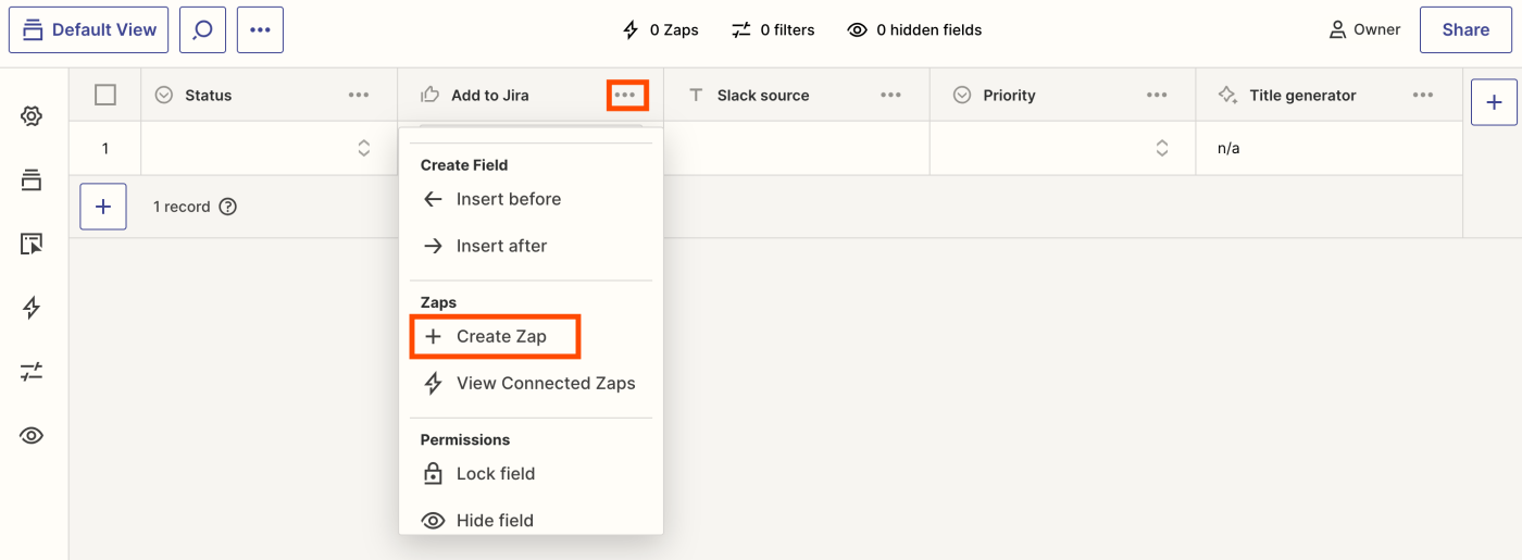Screenshot of create zap link