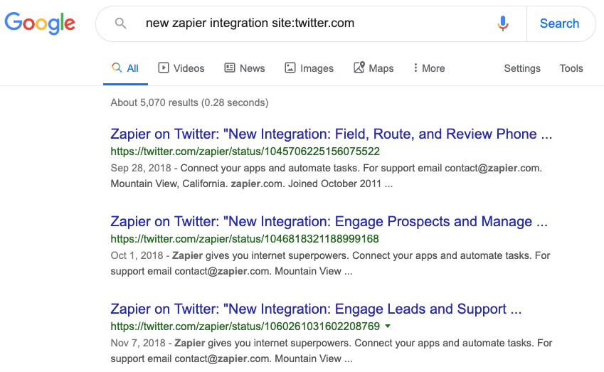 Zapier Twitter posts in Google search results