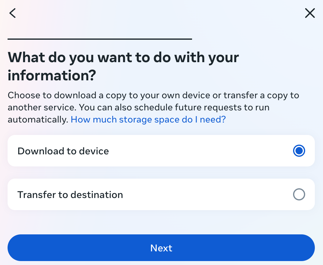 Popup with option to download social media information to device or to transfer the data.