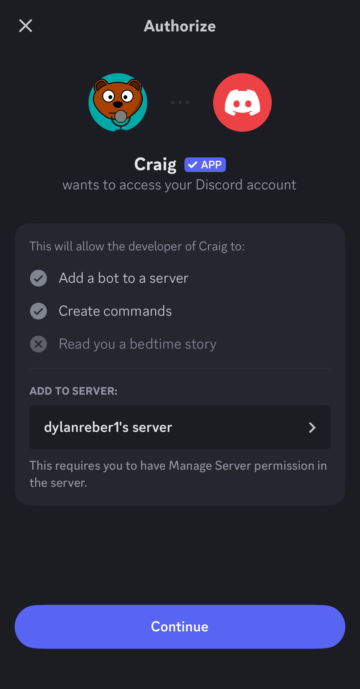 Screenshot showing how to invite the Craig bot to Discord on mobile