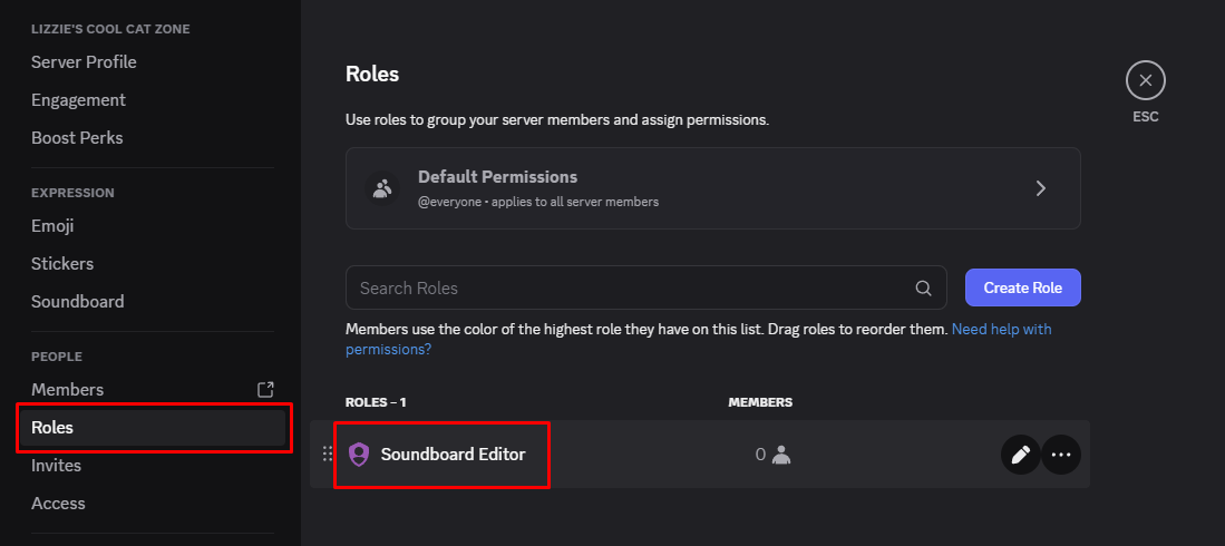 Discord roles settings page. 
