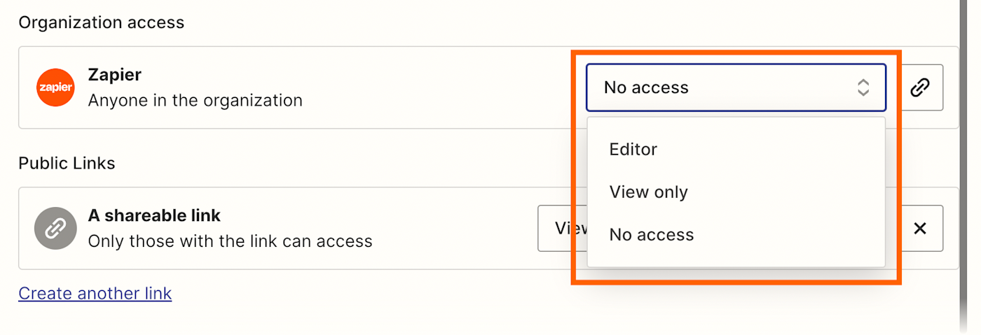 Screenshot of organizational access in tables