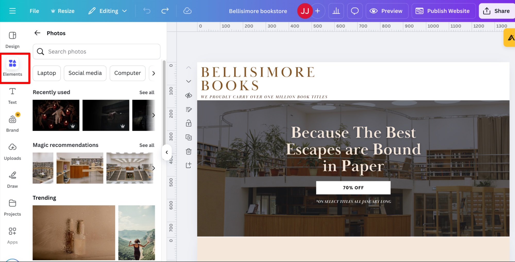 The Elements section in the left sidebar of Canva