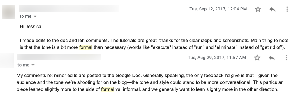 Two emails written to Jessica, the author, about how her writing is too formal