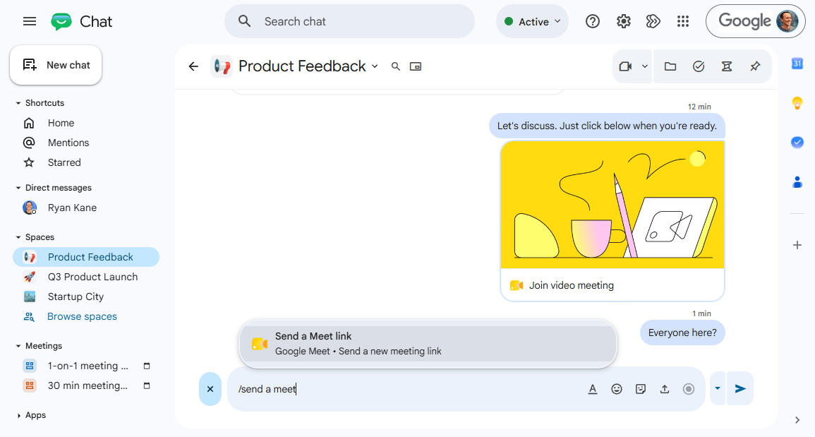 Starting a video meeting in Google Chat